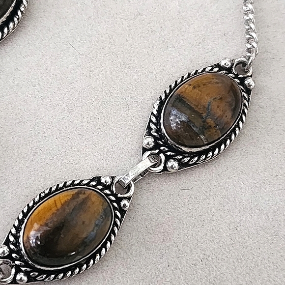 925 Silver Plated 20" Chain Necklace Matching Earrings with Tiger Eye Stones - Picture 6 of 9